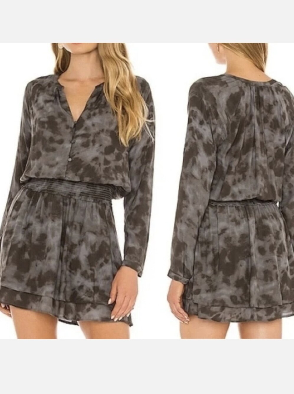 Rails  Jasmine Grey Tie-Dye Long-Sleeve Smocked Waist Mini Dress Sz.M